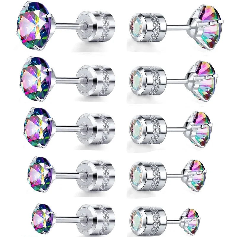 Color 2mm-6mm White Gold Color Earrings 5 Pairs