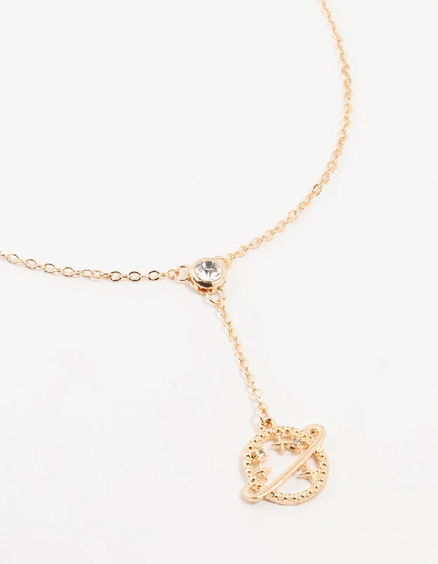 Rose Gold Chain Necklace-Gold Diamante Planet Y-Necklace