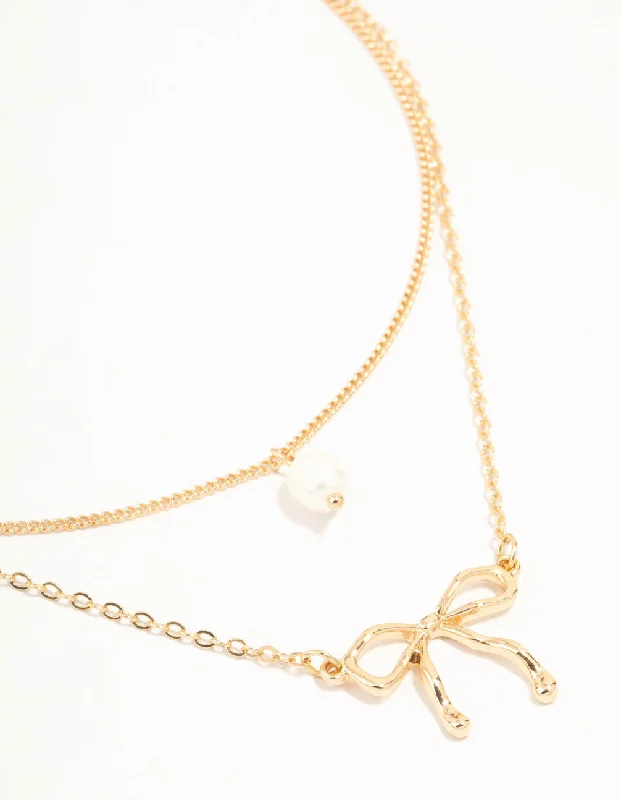 Stylish Beaded Necklace-Gold Pearl & Bow Layered Necklace