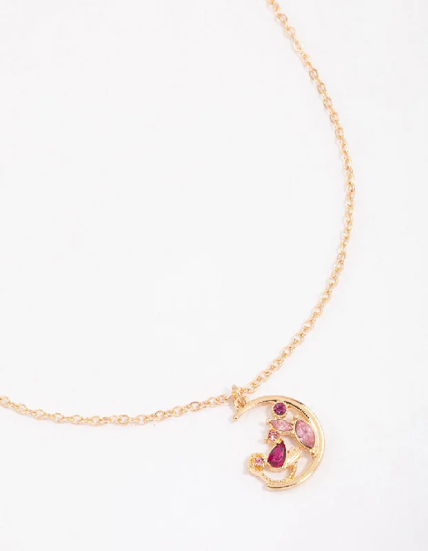 Unique Heart Necklace-Gold Diamante Moon Crescent Necklace