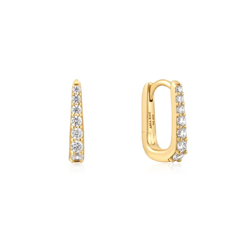 Gold Chain Earrings-Gold Plated Cubic Zirconia Graduated Oval Huggie Hoop Earrings by Ania Haie