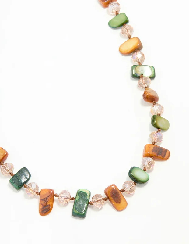 Chunky Beaded Necklace-Green & Neutral Beaded Necklace