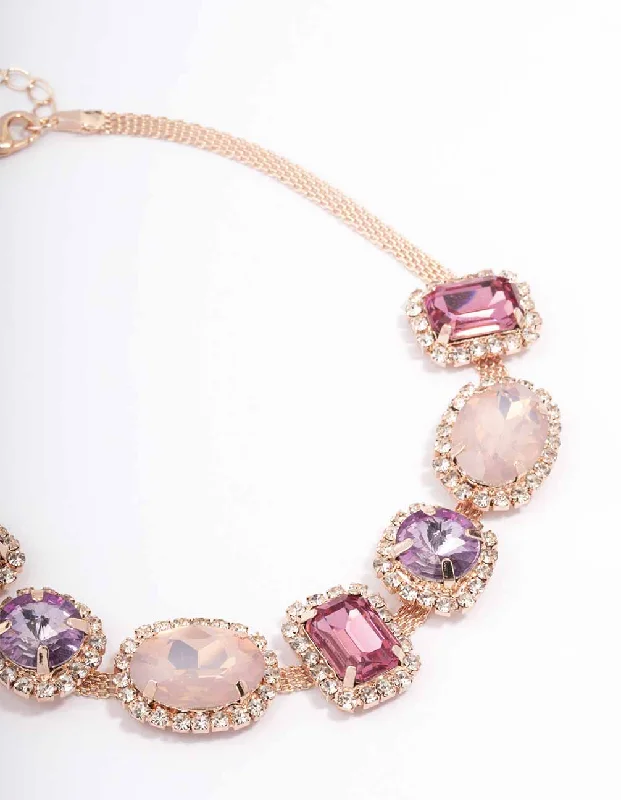 Crystal Beaded Necklace-Rose Gold Pink & Purple Stone Choker