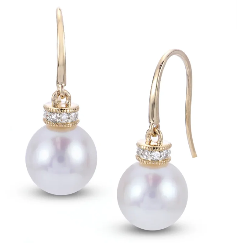 Beautiful Pearl Earrings-14K Yellow Gold 9-9.5mm Freshwater Pearl & Diamond Drop Earrings