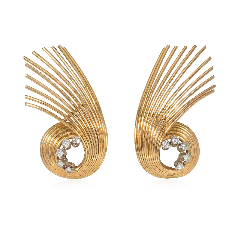 Large Gold Earrings-Retro gold and diamond spoke earrings