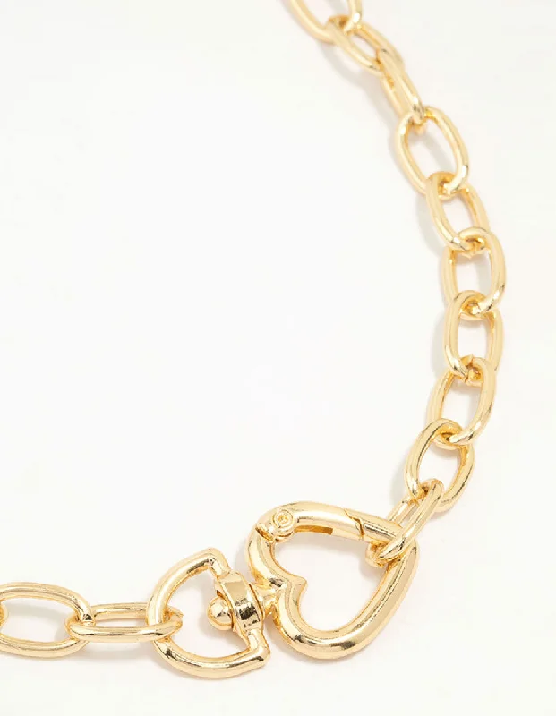 Gold Charm Necklace-Gold Plated Link Heart Clasp Necklace