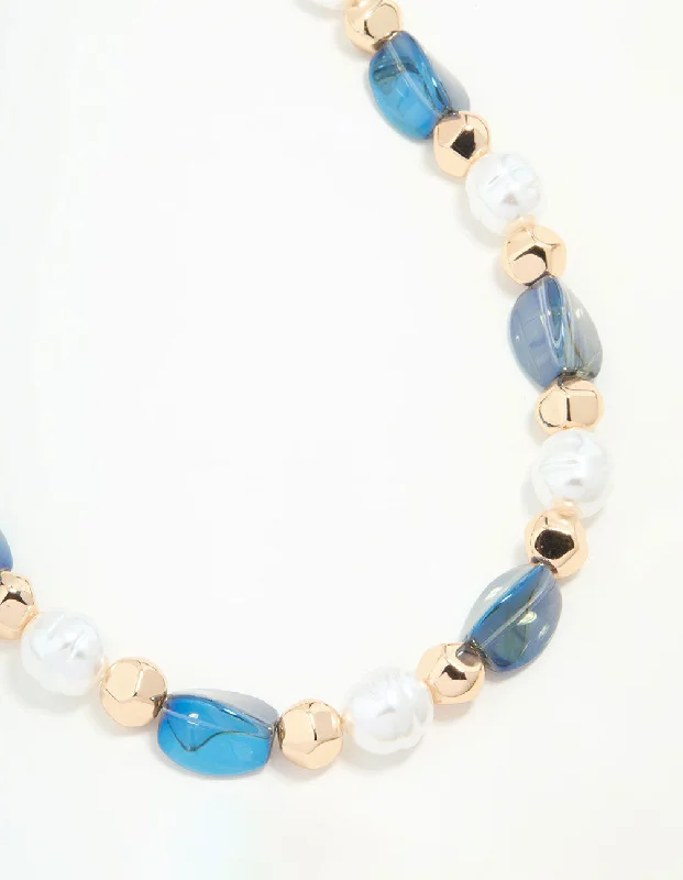 Custom Gemstone Necklace-Gold Blue Beaded Short Necklace