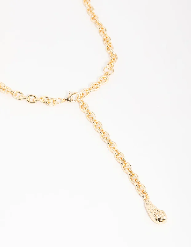 Silver Leaf Necklace-Gold Textured Y-Necklace