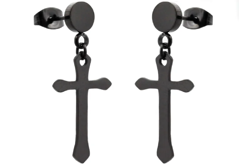 Elegant Evening Earrings-Mens Black Stainless Steel Cross Earrings