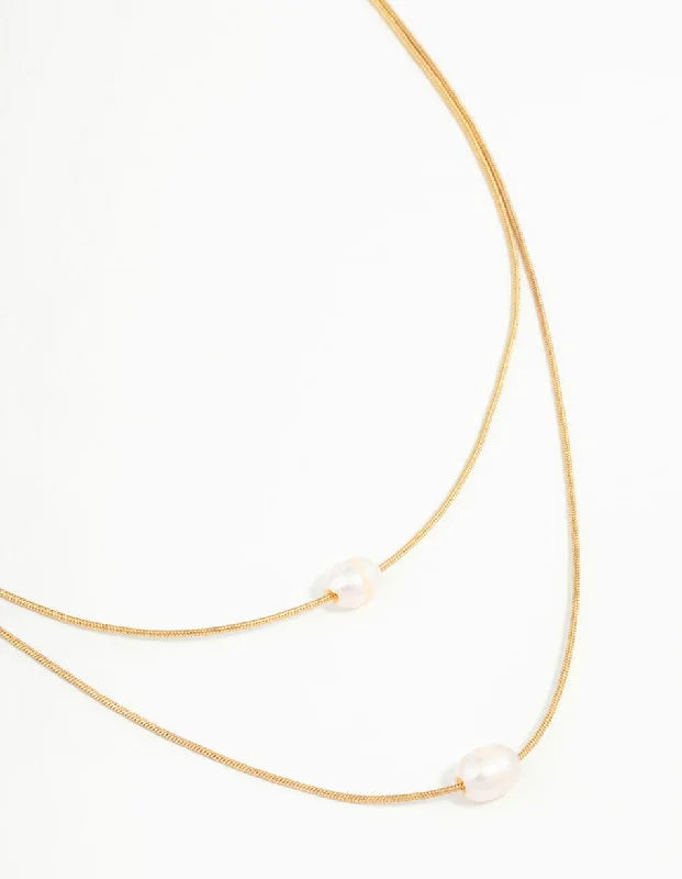 Gemstone Choker Necklace-Waterproof Gold Plated Stainless Steel Layered Pearl Pendant Necklace