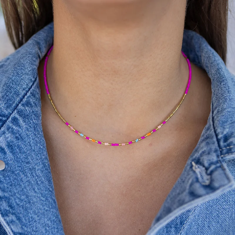 Designer Silver Necklace-Hot Pink Beaded Necklace