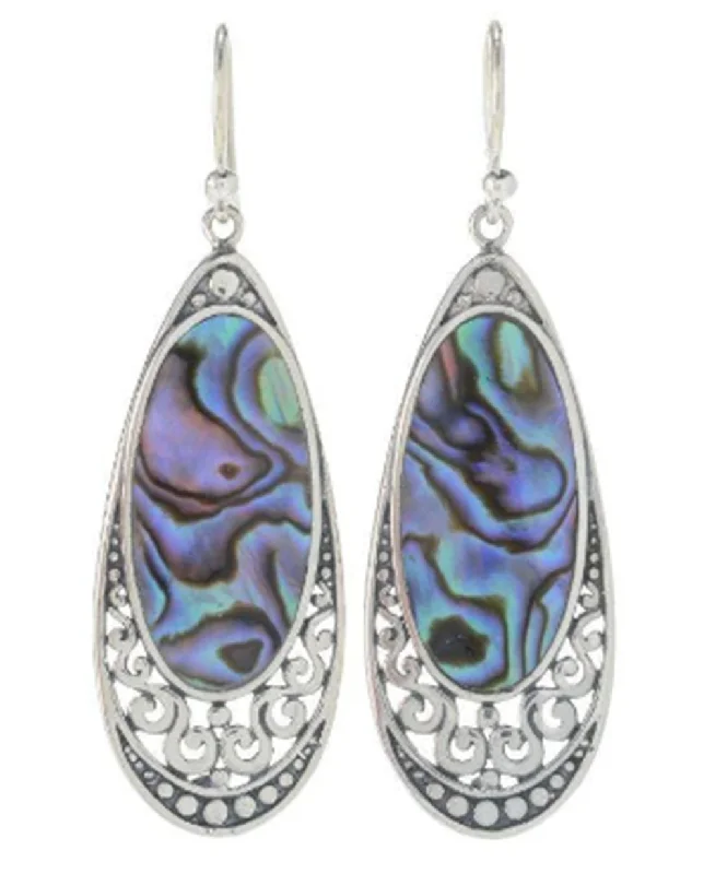 Lightweight Earrings for Summer-Sterling Silver Oval Abalone Filigree Drop Earrings by Samuel B.