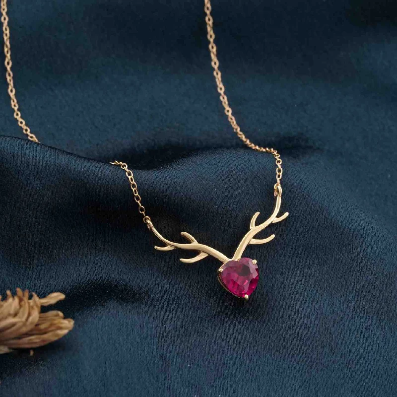 Crystal Charm Necklace-Golden Deer Theme Heart Pink Sapphire Necklace