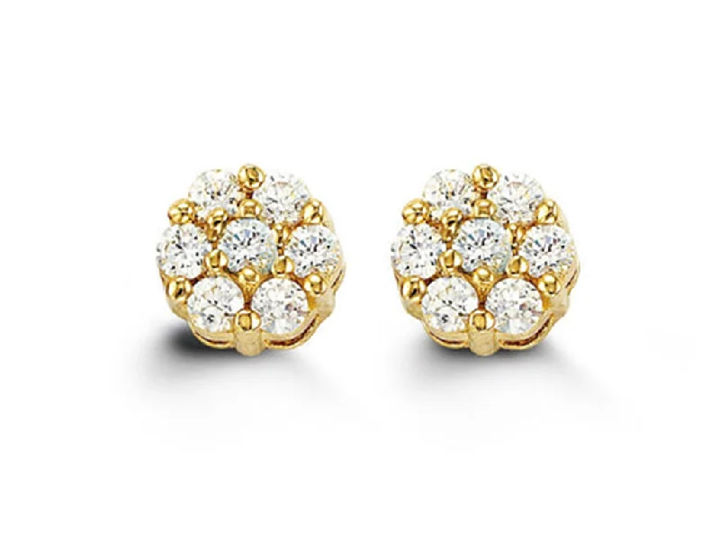 Large Crystal Earrings-14K Yellow Gold Cubic Zirconia Cluster Stud Kid's Earrings