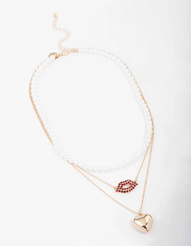 Stylish Heart Necklace-Gold Heart & Lips Glamorous Layered Necklace