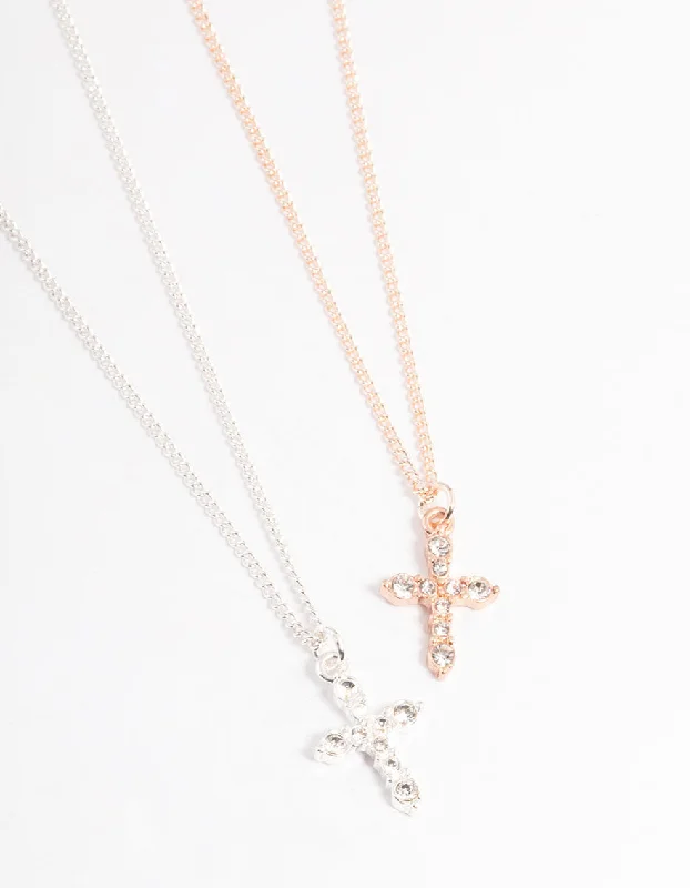 Rose Gold Pendant Necklace-Mixed Metal Classic Diamante Cross Necklace Pack