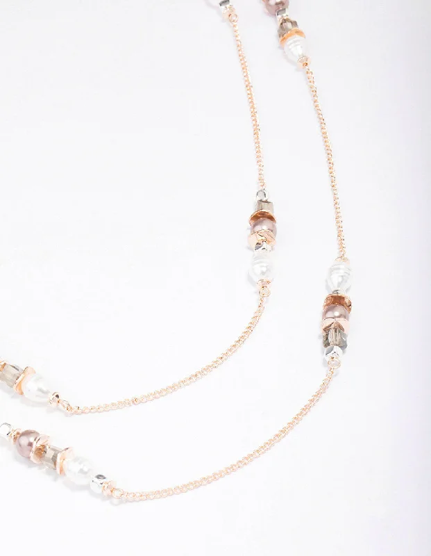 Birthstone Pendant Necklace-Rose Gold Beaded Layered Necklace