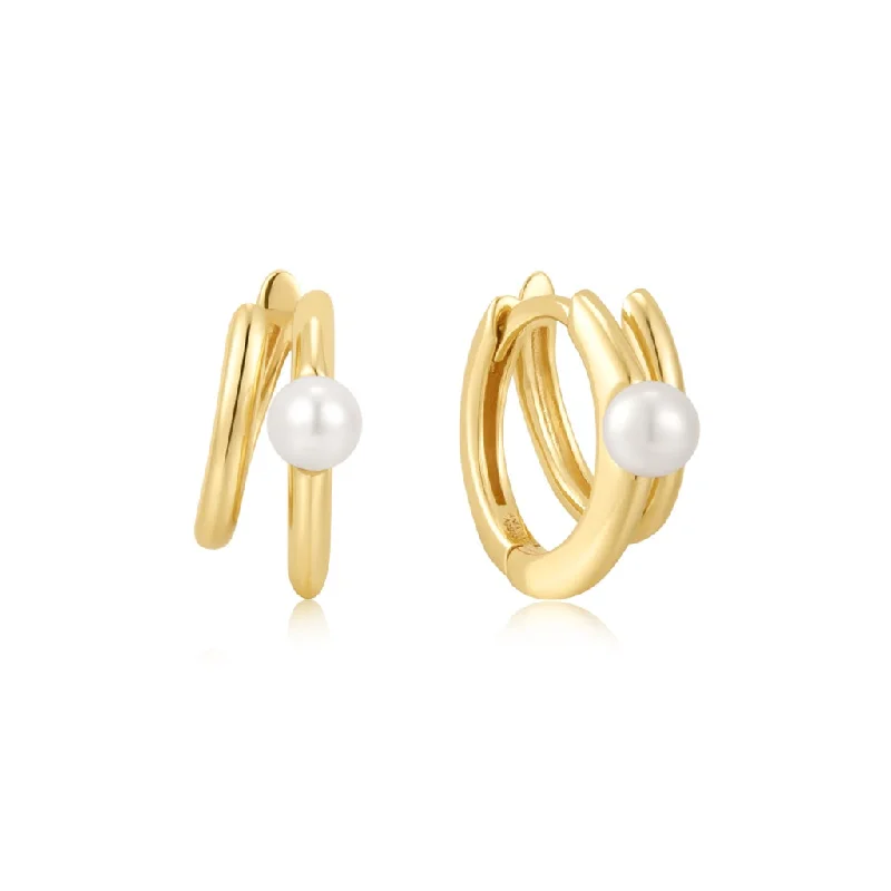 Red Coral Earrings-Gold Plated Pearl Double Huggie Hoop Earrings by Ania Haie