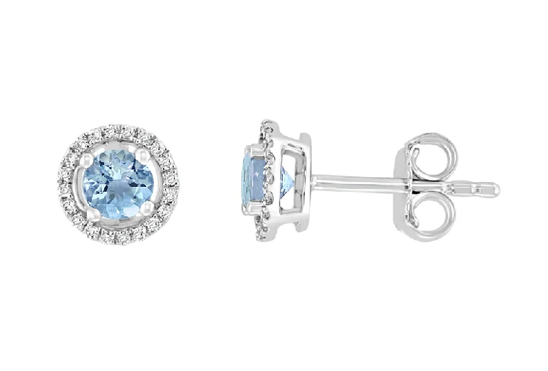 Sterling Stud Earrings-14K White Gold 0.53ctw Round Aquamarine & Diamond Halo Stud Earrings