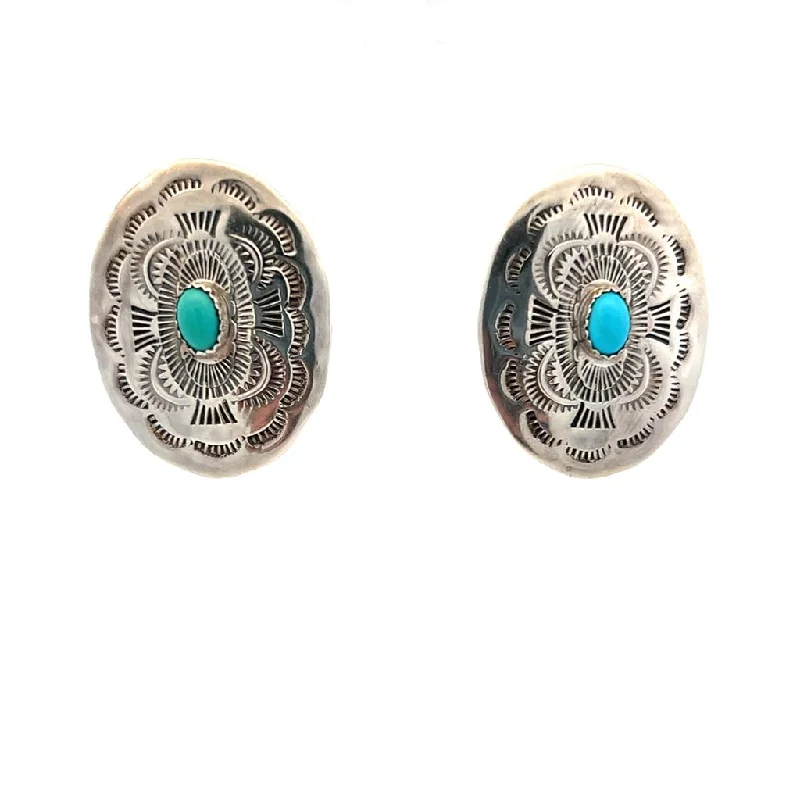 Elegant Stud Earrings-Estate Sterling Silver Oval Turquoise Stud Earrings