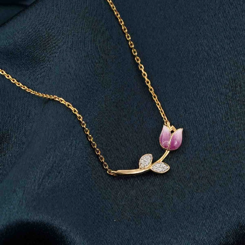 Gold Crystal Pendant Necklace-Golden Pink Vine Flower Necklace