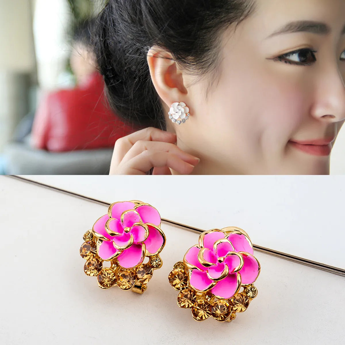 Vintage Cluster Ring-1 Pair Fashion Flower Enamel Plating Inlay Alloy Artificial Rhinestones Gold Plated Ear Studs