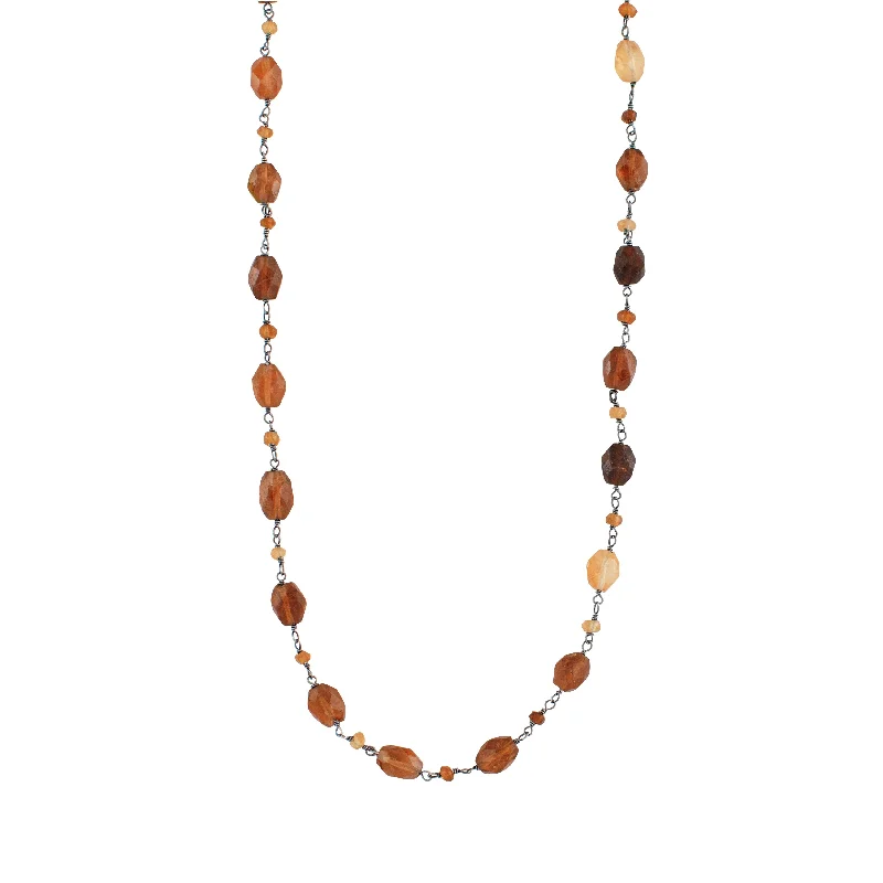 Bold Silver Necklace-Stone Strand Necklace - Hessonite - 22-24"