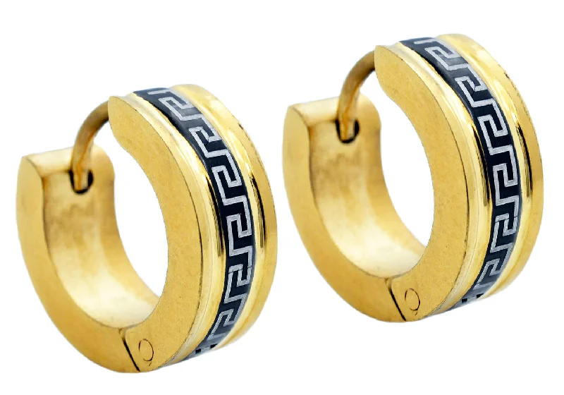 Large Diamond Earrings-Mens 14mm Gold And Black Stainless Steel Greek Key Hoop Earrings