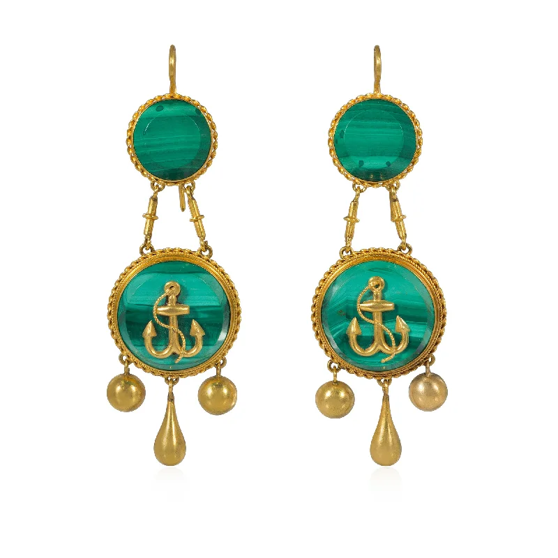 Textured Hoop Earrings-French antique nautical gold and malachite earrings