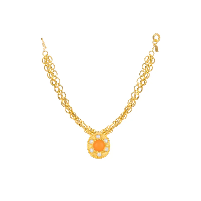 Gold Rope Chain Necklace-Vivienne Necklace Orange Coral & Pearls