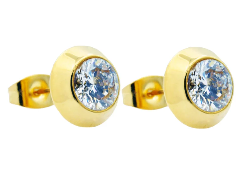 Minimalist Gold Earrings-Mens 9mm Gold Stainless Steel Earrings With Cubic Zirconia